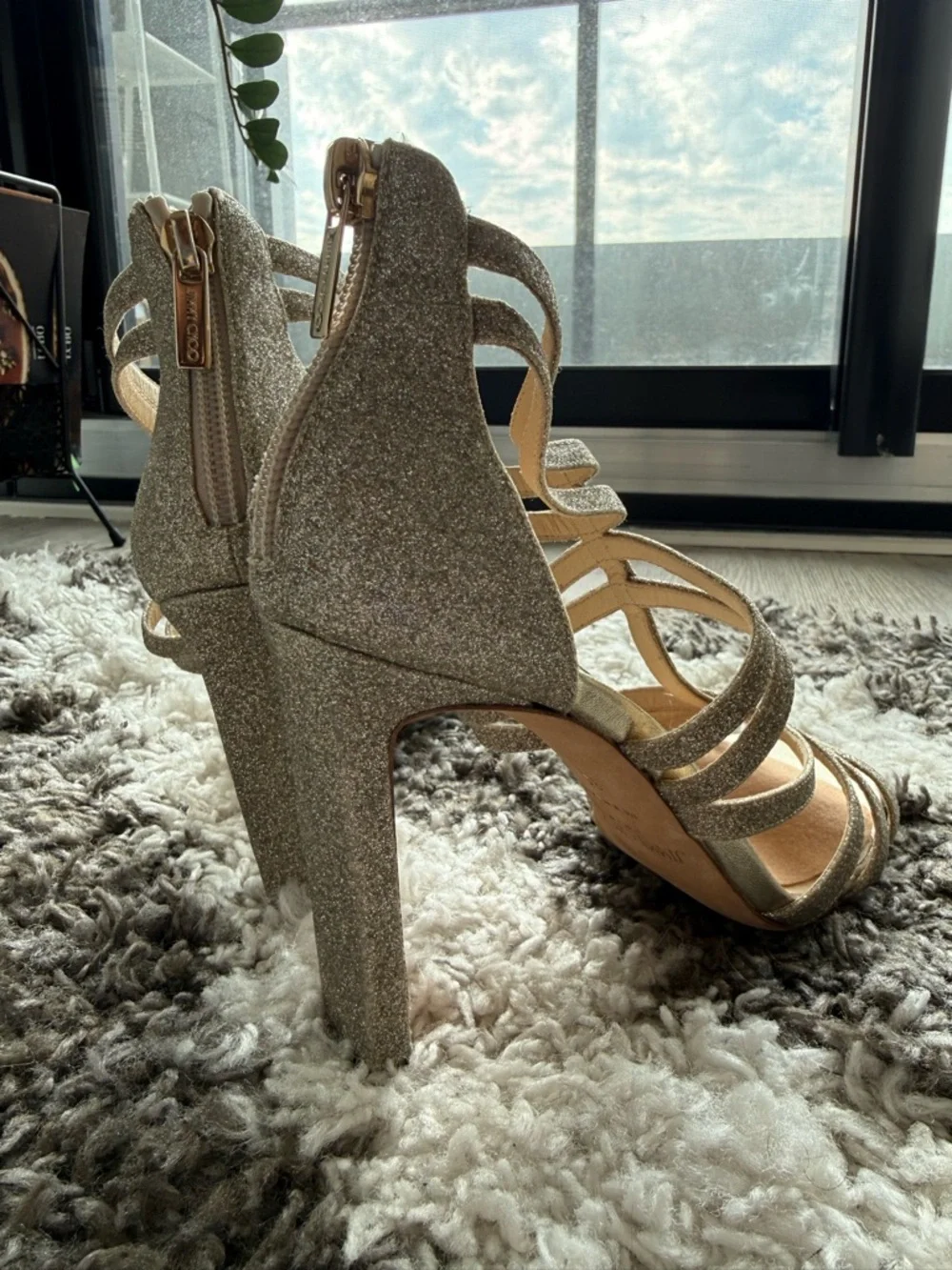 Jimmy Choo Gold Glitter Strappy Block Heel Sandals - Picture 4 of 9